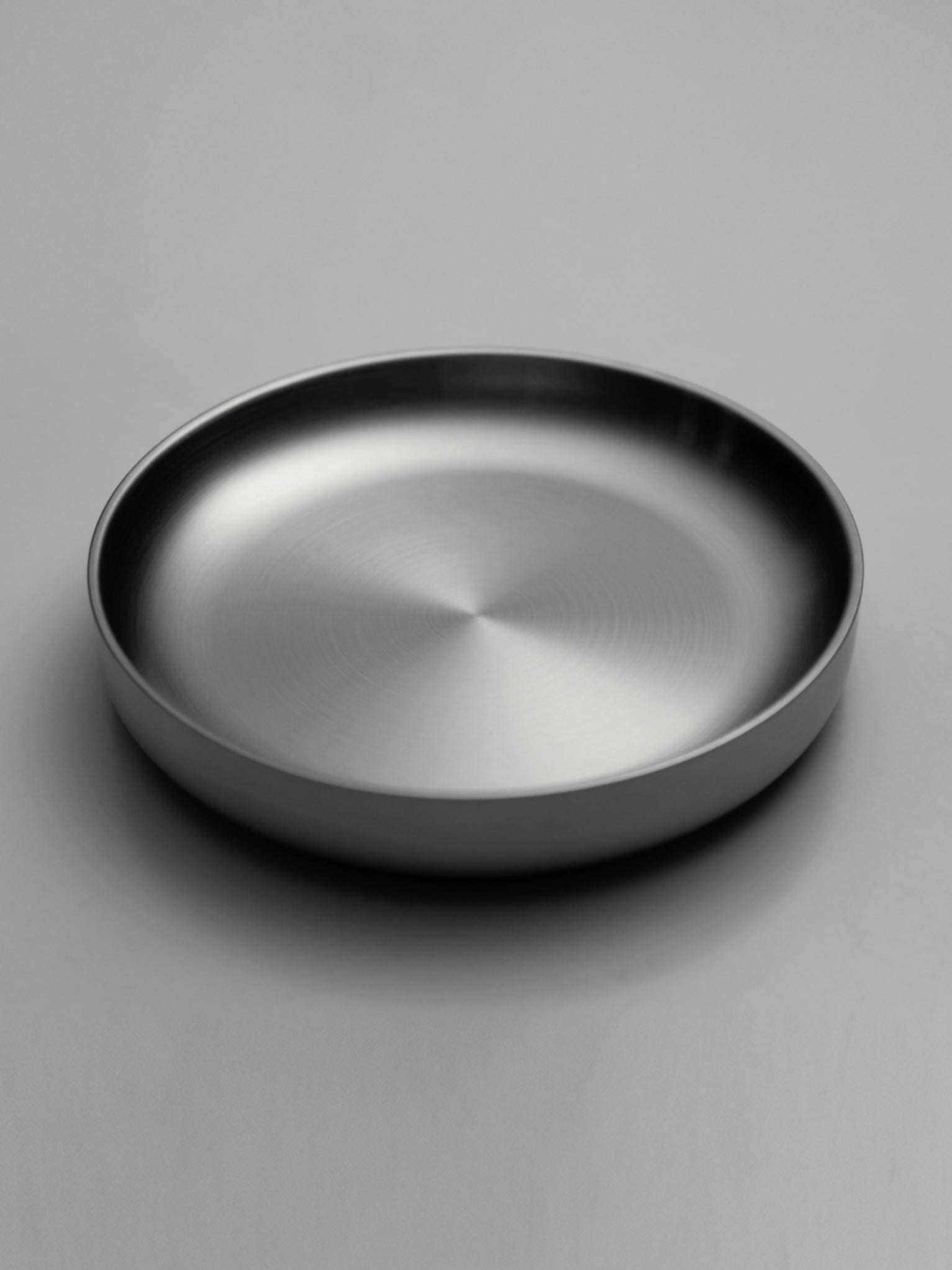 Round stainless steel plate with raised edges and matte finish.