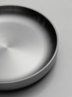 Oval stainless steel plate with smooth brushed finish and rounded edges.