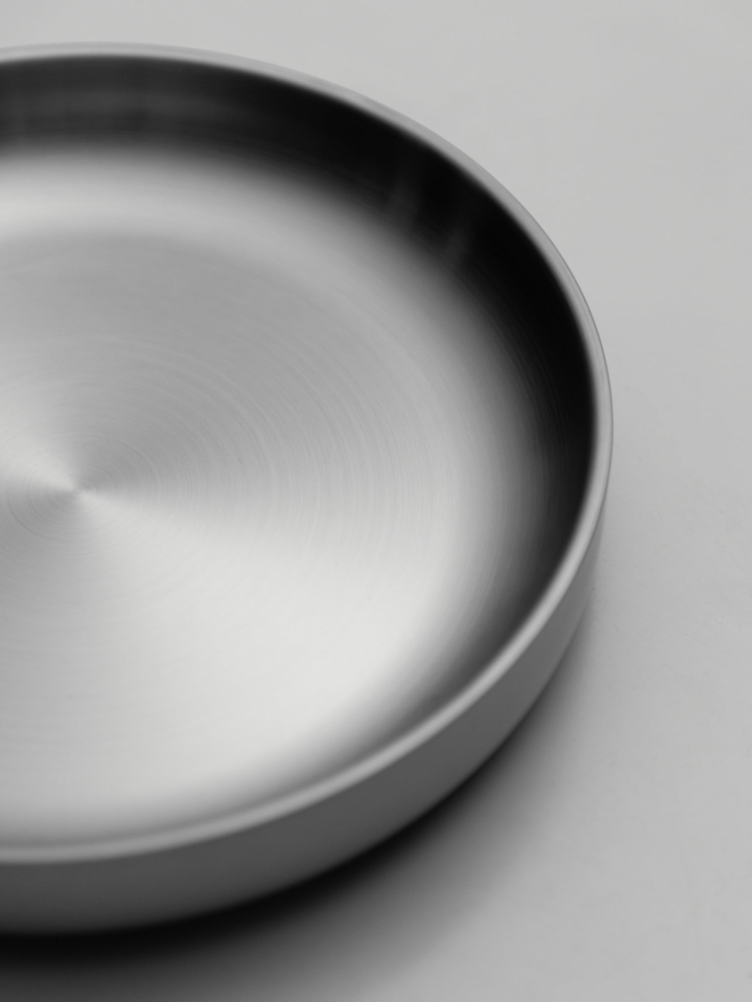 Oval stainless steel plate with smooth brushed finish and rounded edges.